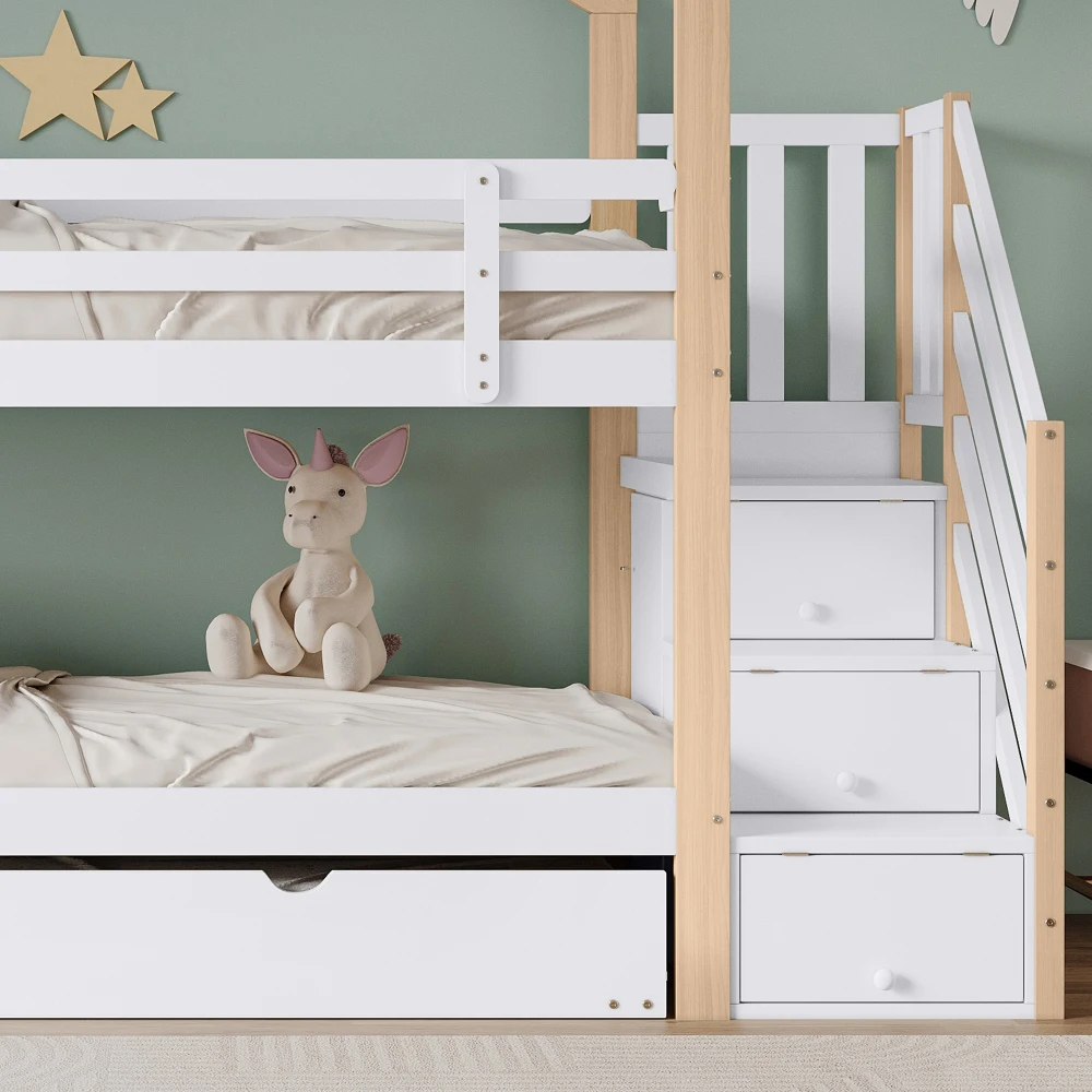 PINGGO Naturweißes Holzhausbett 90x200+90x190cm Kinder-Etagenbett mit Rutsche, Treppe, 3 Schubladen, Sicherheitsgeländer, ohne Matratze – Detail 20
