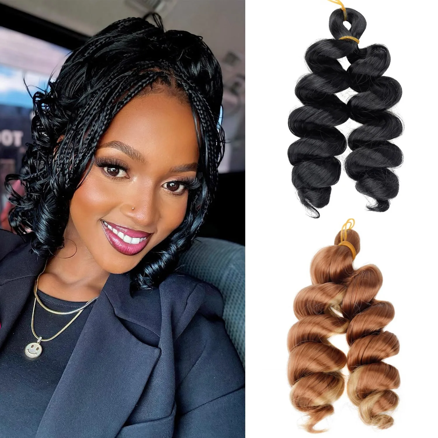 

Short French Curly Crochet Hair Loose Wave Synthetic Braiding Hair Extensions Black Ombre for Women