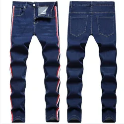 Men's Side Stripe Jeans Trousers New Fashion Cotton Straight Elastic Denim Pants Classic Style Jean Hombre Male Pants