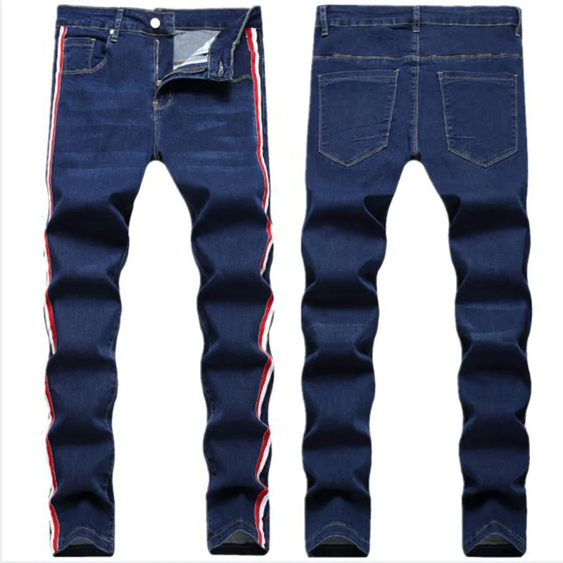 Men's Side Stripe Jeans Trousers New Fashion Cotton Straight Elastic Denim Pants Classic Style Jean Hombre Male Pants
