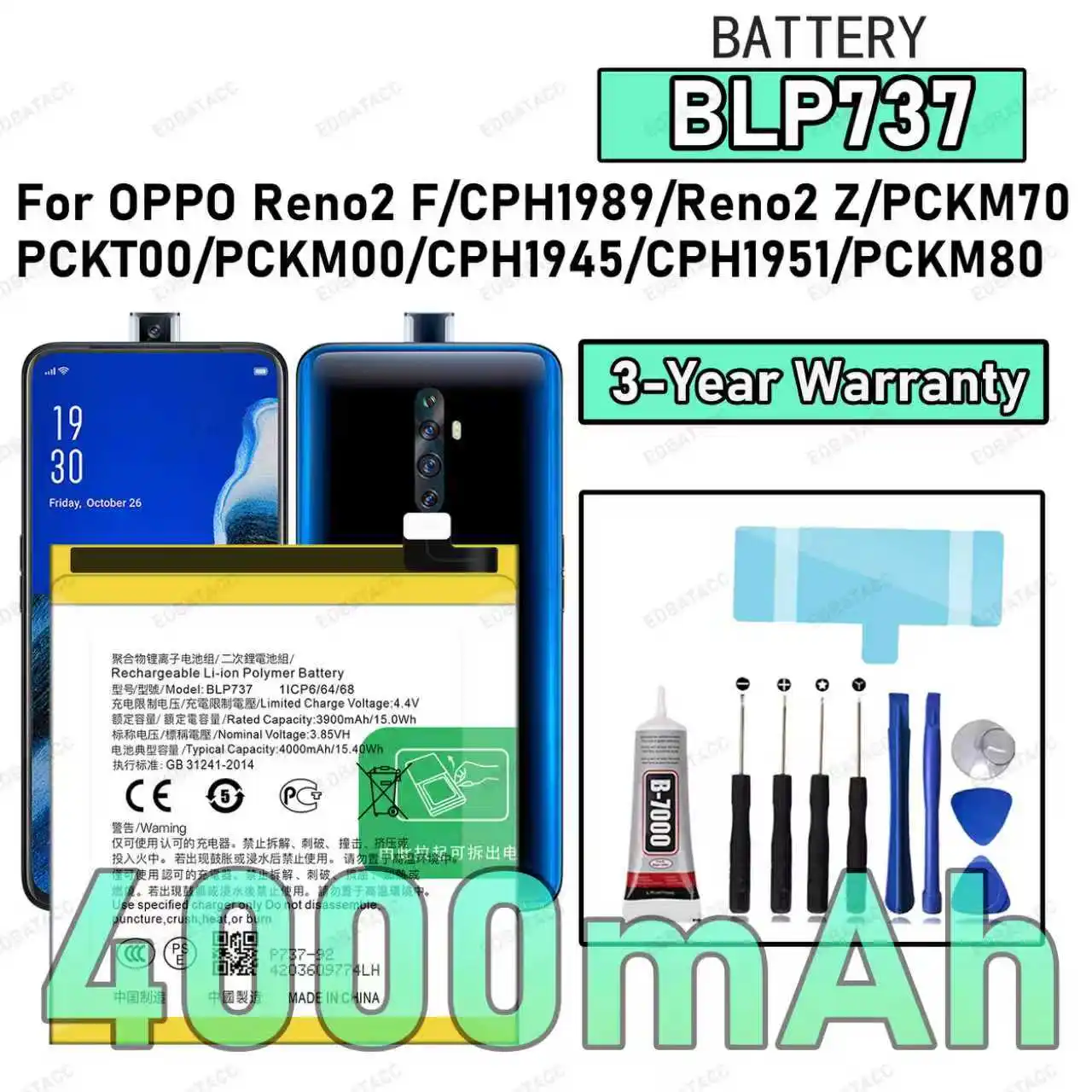 

100% New High Quality BLP737 Battery For OPPO Reno2 F/CPH1989/Reno2 Z/PCKM70/PCKT00/PCK00/CPH1945 Replacement Battery Bateria+Fr