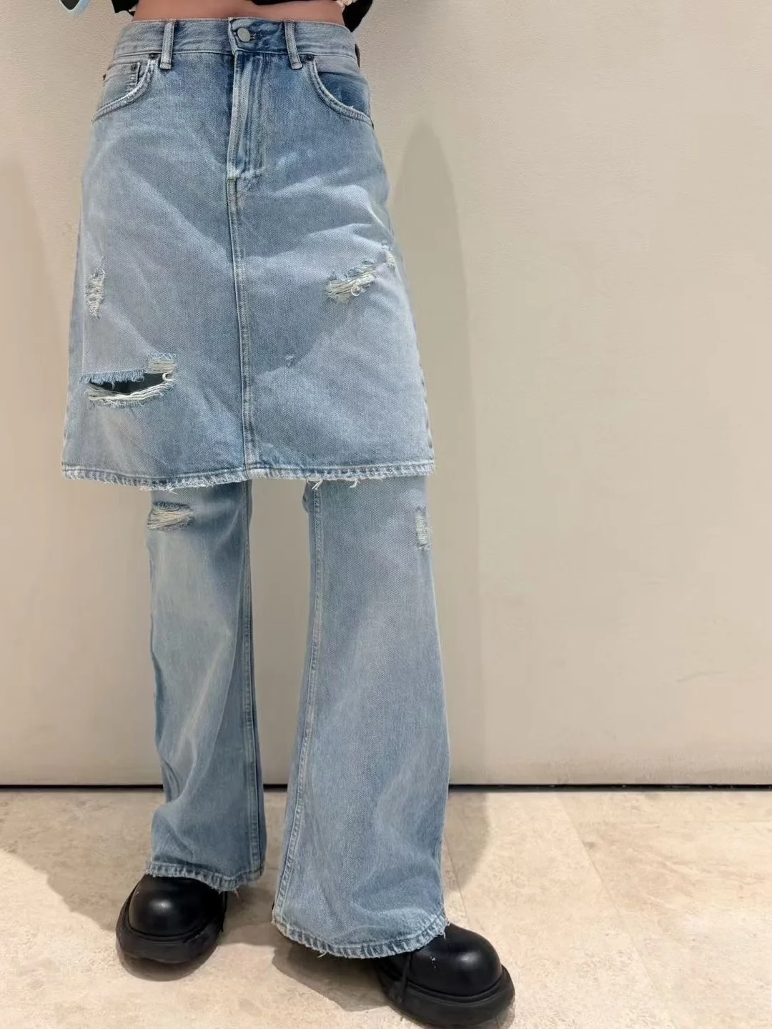 

Brand Early Spring High Waist Patchwork Hole Casual Versatile High Waist Jeans Ladies Loose Fit Warm Cotton Denim