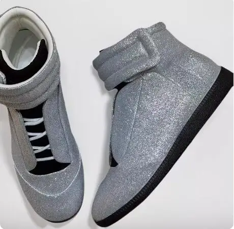 New Sliver Black Leather Bling Sequined Round Toe High Top Flat Sneakers Men Fashion Cross Tied Hook & Loop HipHop Casual Shoes
