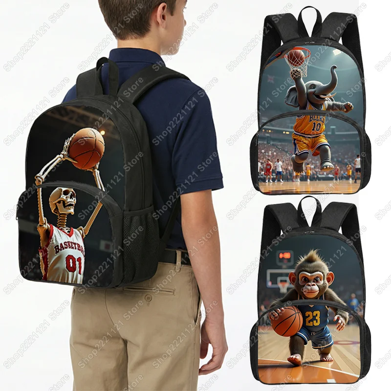 Funny Skeleton Animal Playing Basketball Graphic Backpack for Teenager Boys Girls Children School Bags Women Rucksack Bookbag