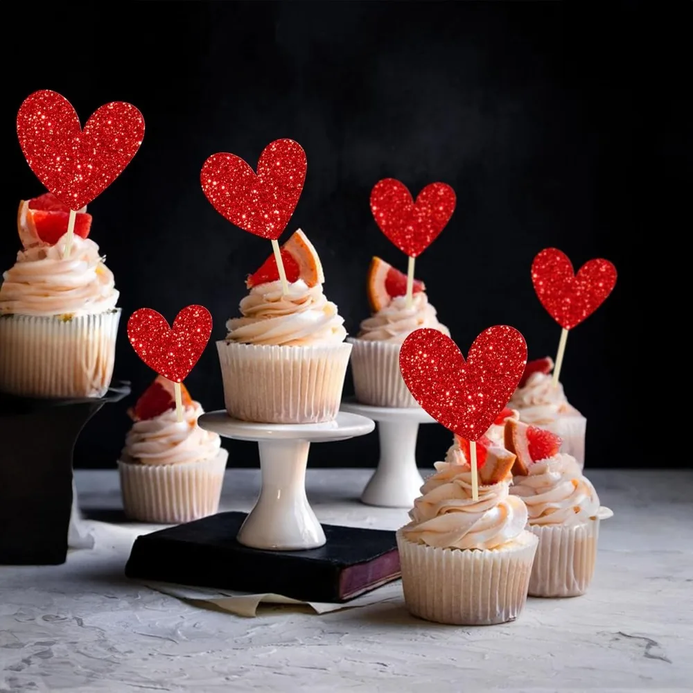 24 Stück rote glitzernde Herz-Cupcake-Topper, Valentinstag und Hochzeit, Verlobung, Geburtstag, Party-Dekoration – Detail 4
