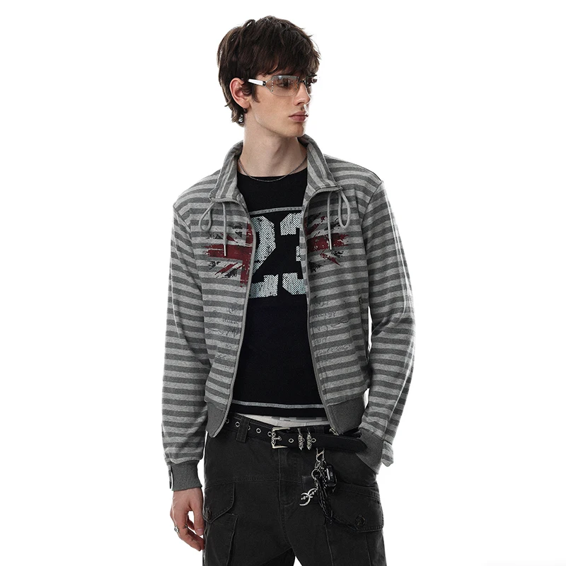 LUZHEN 2026 New American Style Stripe Printed Pattern Stand Neck Cardigan Sweatshirt Men's Fashion Handsome Original Tops JY8355