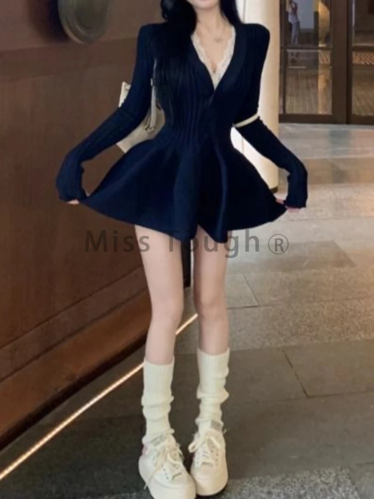 Winter Korean Fashion V Neck Knit Dress Women Designer Sweet Slim Sweater Dresses Female Retro Solid Y2k Knitted Dress New 2024