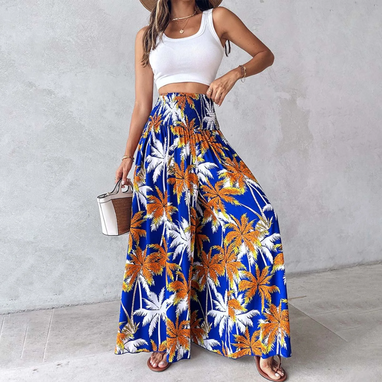 

Boho Floral Print Wide Leg Pants Women Cotton Vintage Elastic High Waist Pants Fashion Casual Loose Vacation Beach Trousers