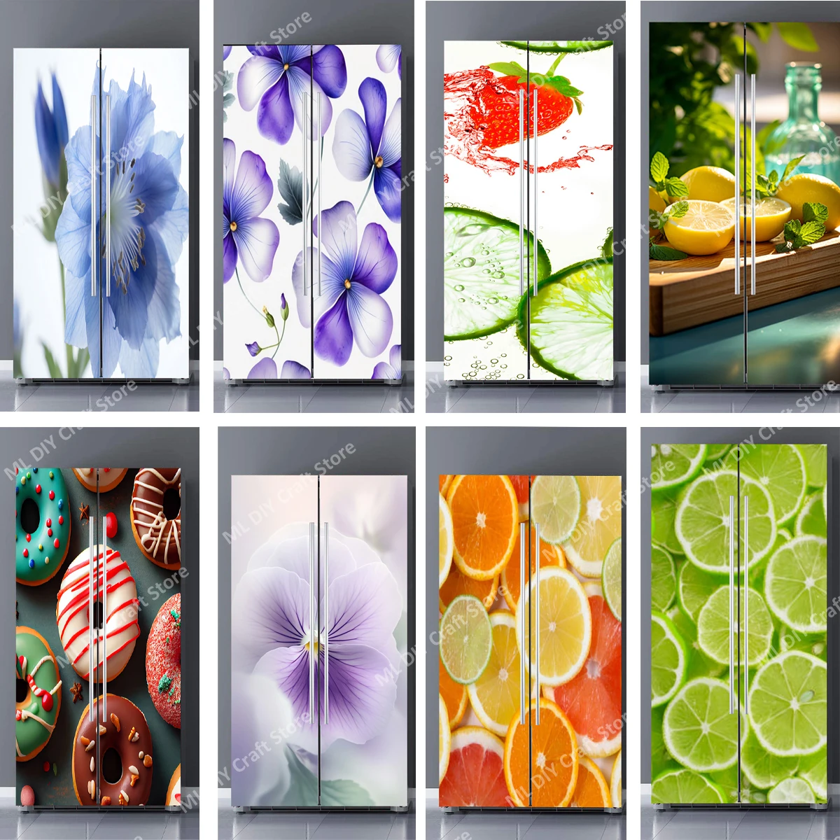 

HD Strawberry Lemon Purple Flowers Refrigerator Door Wrap Cover Sticker Waterproof PVC Vintage Printed Fridge Door Mural Decal