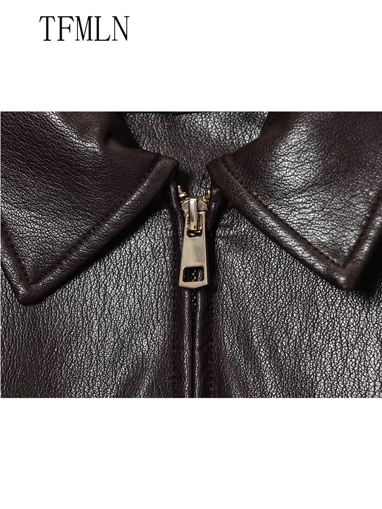 TFMLN 2025 nouvelle veste en simili cuir pour femmes Simple rétro fermeture éclair revers surdimensionné manteaux haute rue à manches longues recadrée vêtements d'extérieur