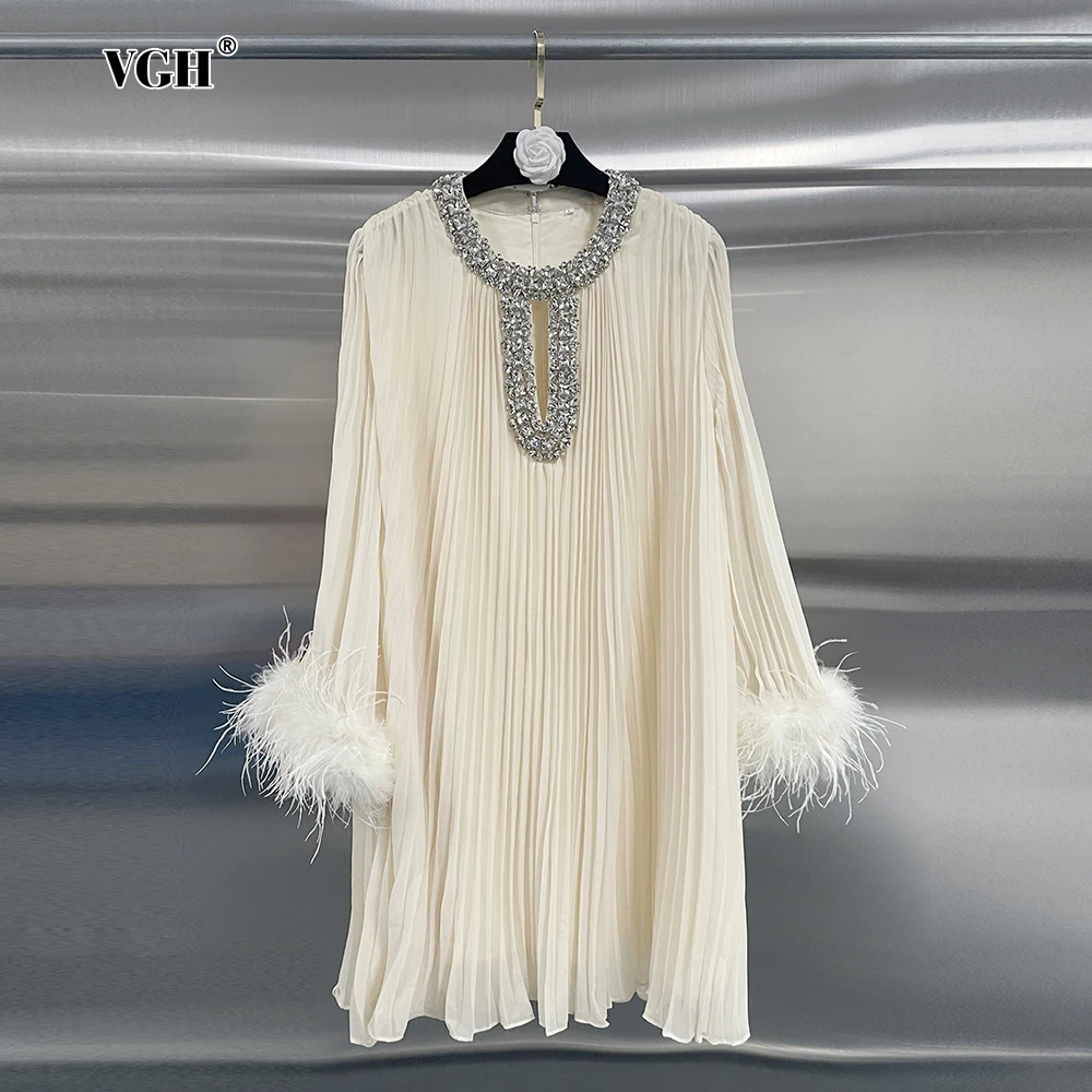 VGH Solid Spliced Diamonds Mini Dresses For Women O Neck Hollow Out Long Sleeve Patchwork Feather Luxury Chic Dress Female New