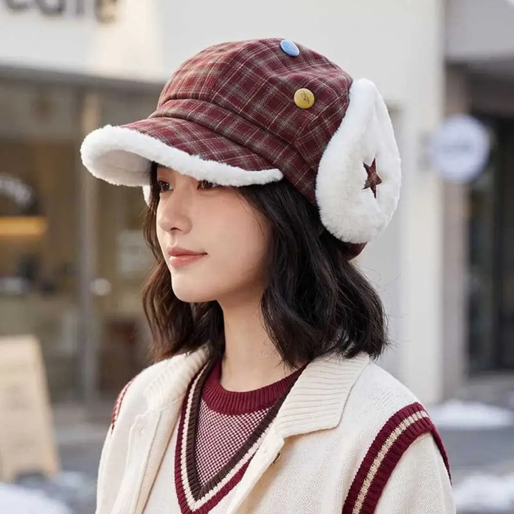 Cute Sweet Plaid Octagonal Hat Earflap Warm Winter Fleece Lined Hat Autumn Windproof Newsboy Cap Outdoor