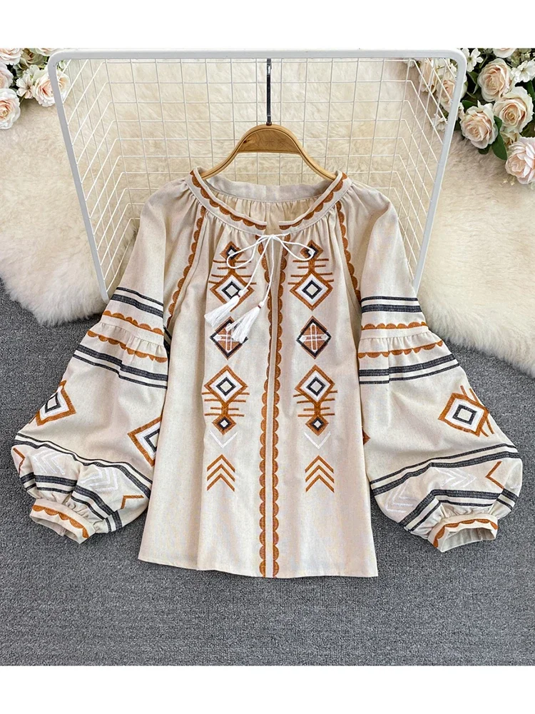 Mulheres primavera outono blus retro solto estilo étnico bordado fino lanterna manga boneca topo feminino pulôver camisa d3061