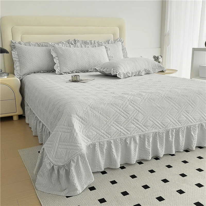 Bonenjoy Bedspread Ruffles Mattress Protector Home Quilted Bed Linen Solid Color Bed Cover 250x250cm cubrecama (No Pillowcase)