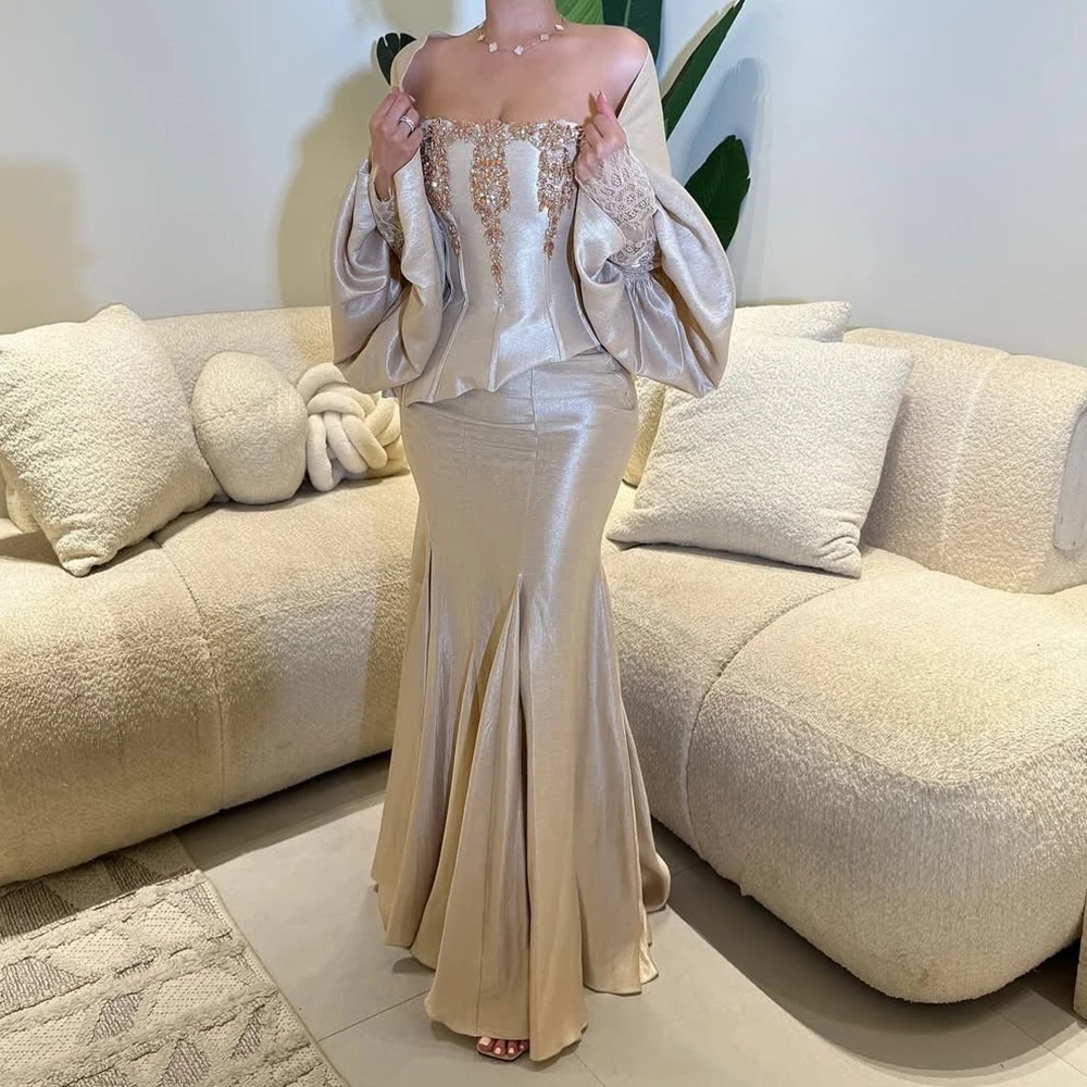 A-Linien-Abendkleider für Damen, bodenlang, trägerlos, mit langen Ärmeln, Stola, Ballkleid, modische, drapierte, maßgeschneiderte Kleider mit Kristallspitze