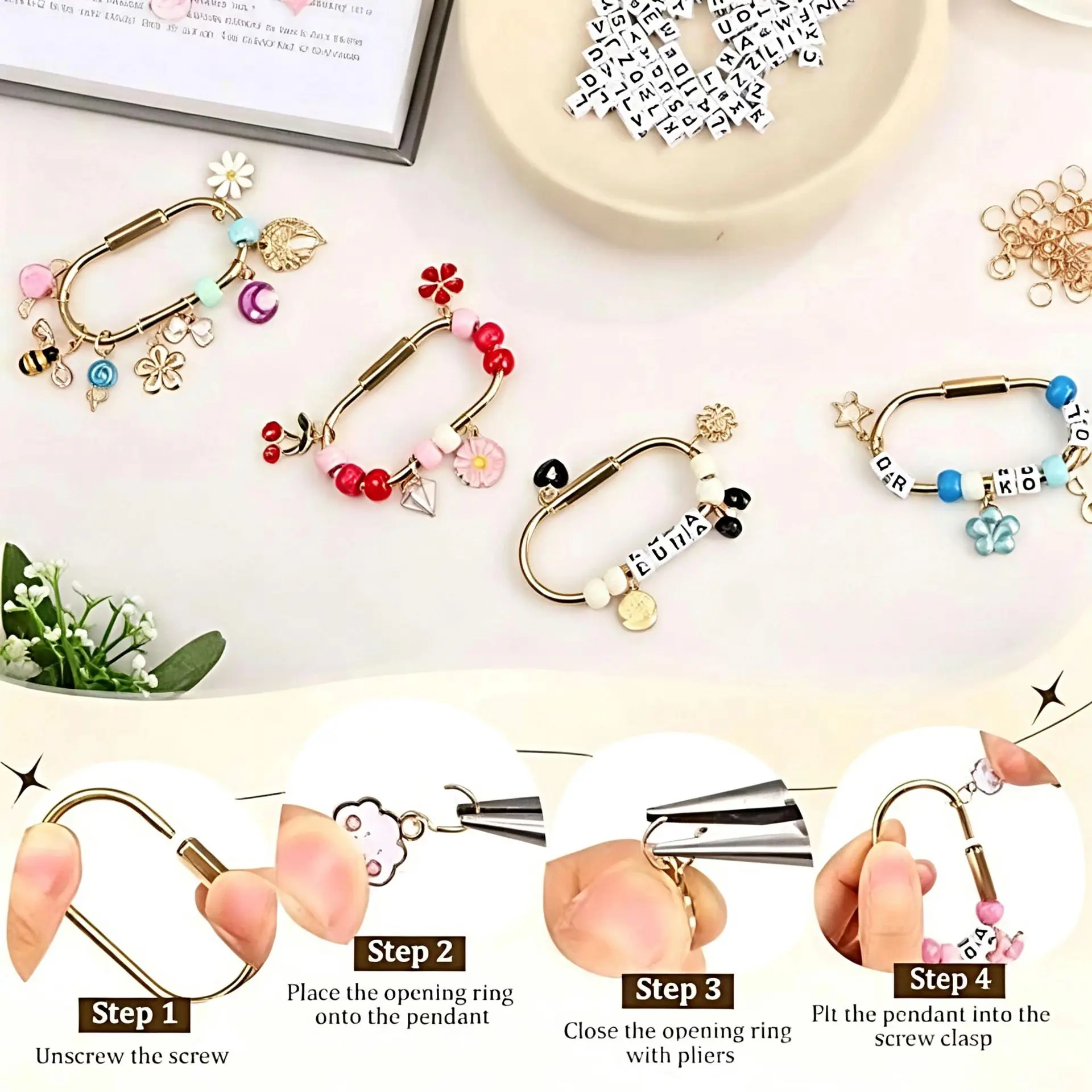398Pcs Brass Hexagon Keychain Beads Set Dopamine Cylinder Beads Creative DIY Bag Charm Making Kit Handmade Jewelry Sewing Craft