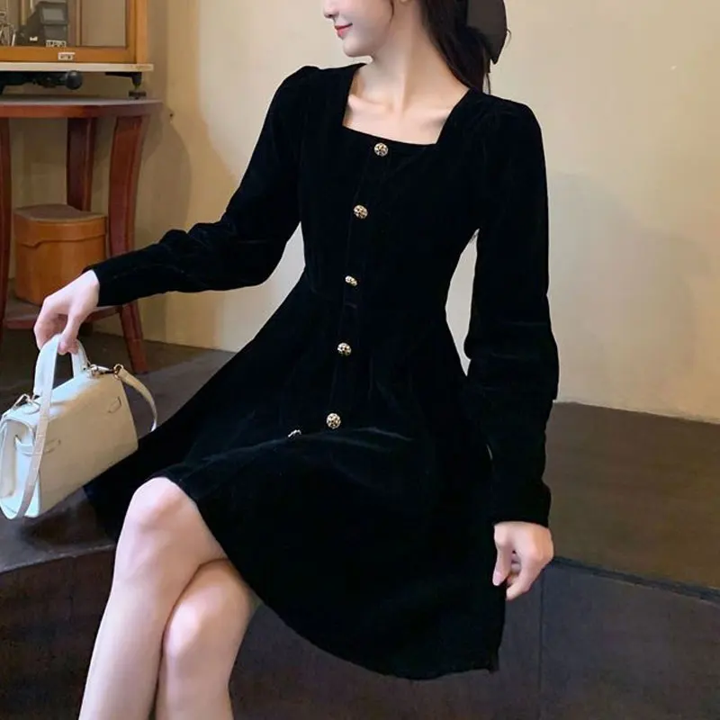 French Style Vintage Square Collar Mini Dress Autumn Winter New Elegant Waist A-Line Women\'s Clothing Solid Color Button Dresses