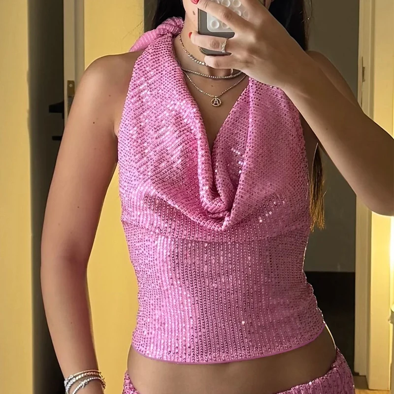 Streetwear Sequined Halter Neck Tank Top 2026 Trend Ruched Lace-Up Sleeveless Vest Women Summer Casual Crop Slim Backless Tops