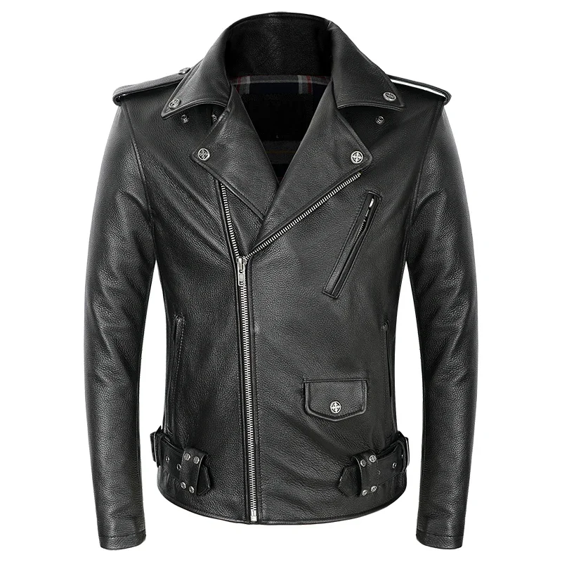 2025 Black Men American Motorcycle Leather Jacket Oblique Zipper Genuine Cowhide Spring Slim Fit Biker's Coat