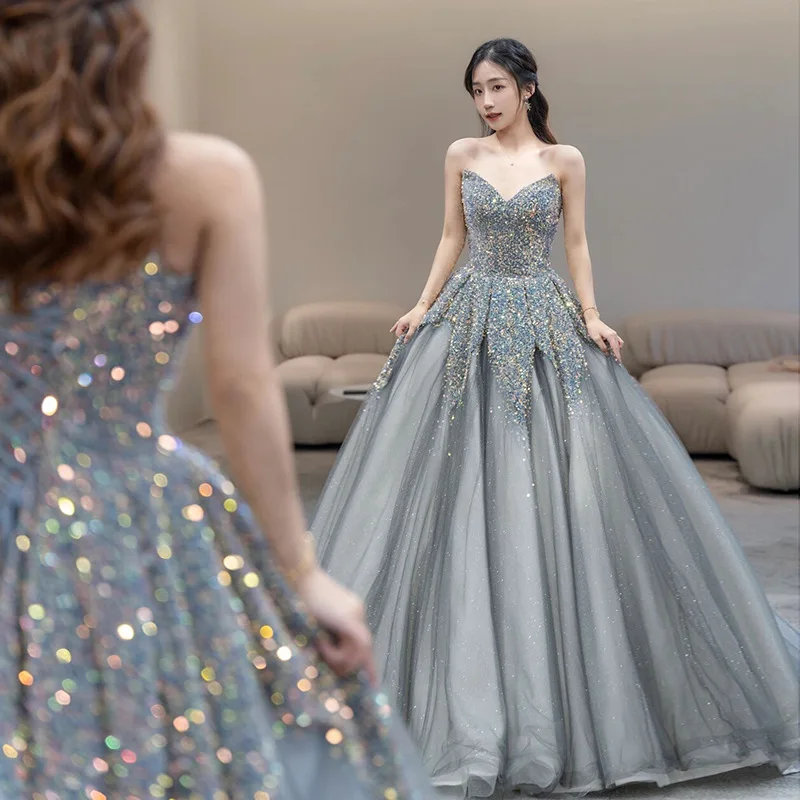 

Silver Gray Evening Banquet Wedding Annual Meeting Tutu Skirt Art Test Host Catwalk Evening Dress Woman Vestidos Elegantes Mujer