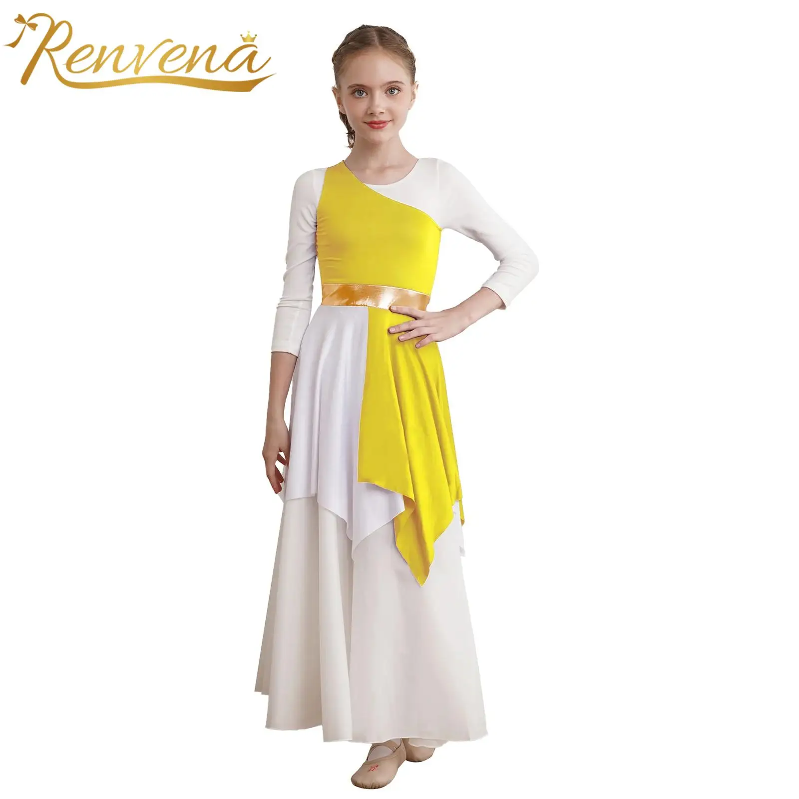

Girls Modern Lyrical Liturgical Dance Outfit Children Choir Dancewear Kids One Shoulder Church Praise Dance Dress with Pants