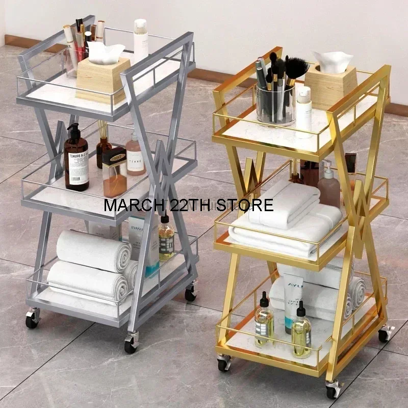 Modern Iron Salon Trolleys Beauty Salon Tool Cart with Wheels Nordic Salon Furniture Professional Auxiliary Trolley Storage Rack