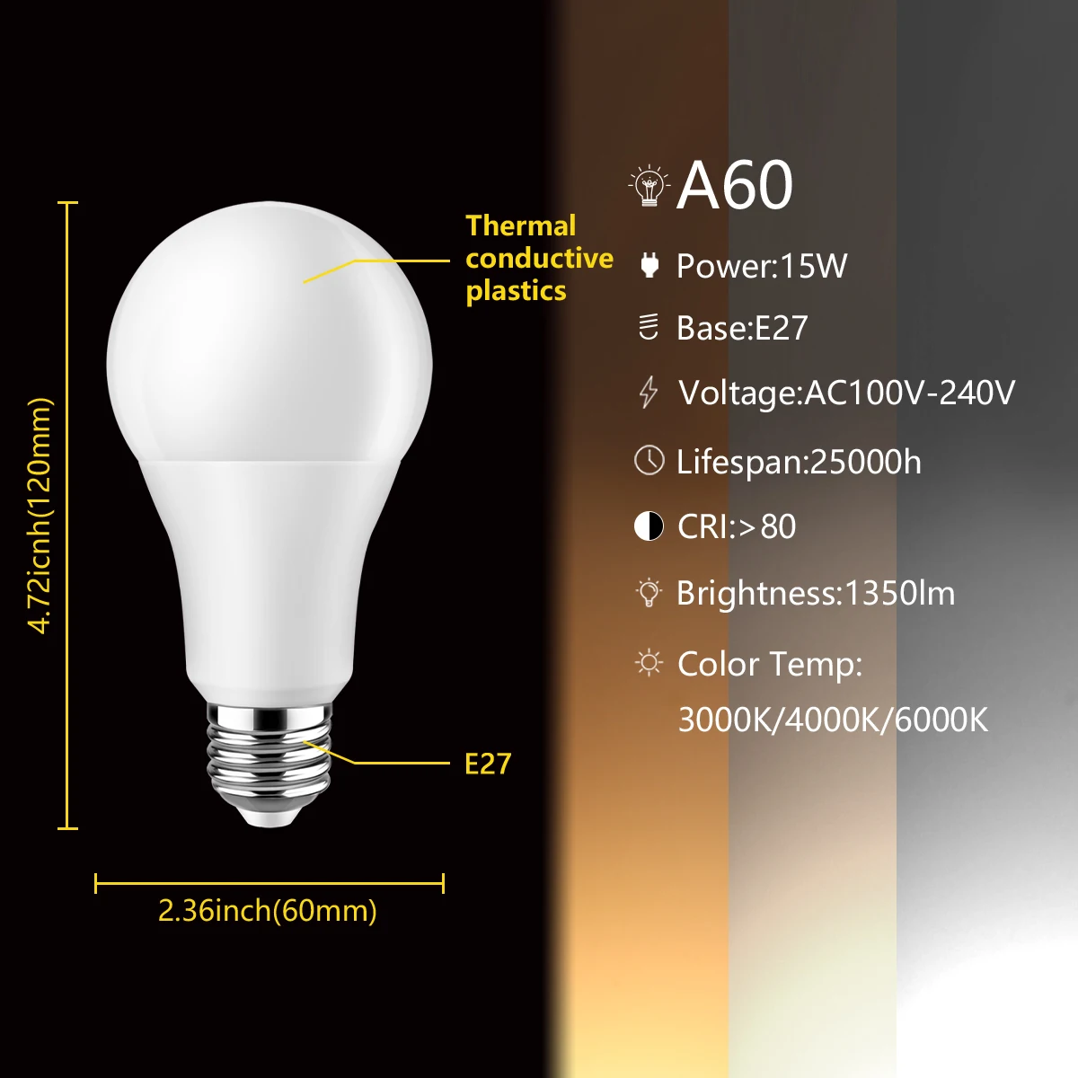 Diodo emissor de luz de alta potência a60 ac120v 220v e27 b22 15w 100lm/w 3000k/4000k/6000k luz branca morna brilhante super para a iluminação da casa do shopping