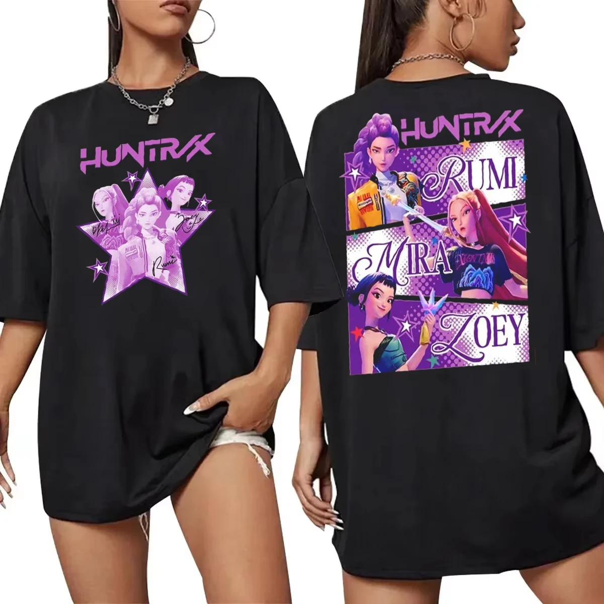 

Kpop Demon Hunters Fanmerch Mira Rumi Zoey Huntrix Рубашка Летние рубашки с рисунком Подарок фанатам Женщины Мужчины Повседневные хлопковые футболки большого размера