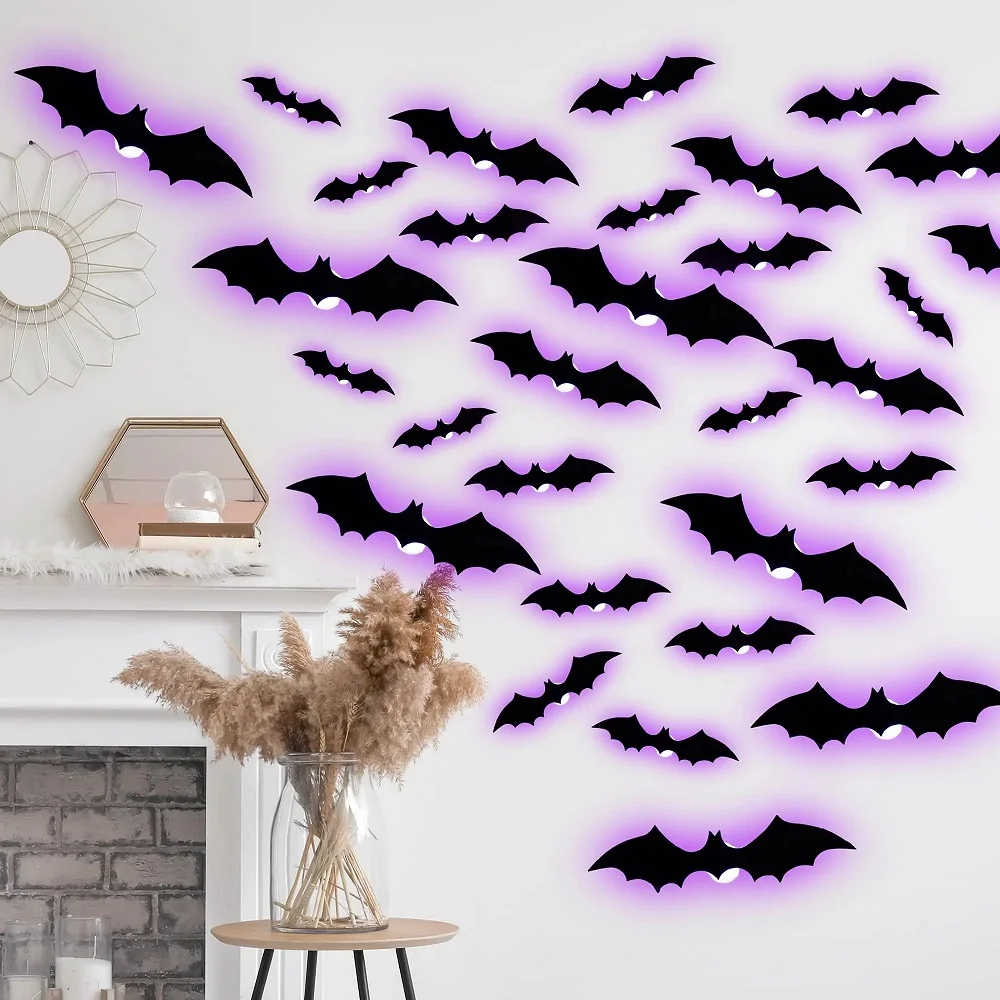 12/24 szt. Halloween nowa z nocnym Light Bat PET stereoskopowy nietoperz festiwalowa dekoracja nocna lampka na ścianę naklejka LED