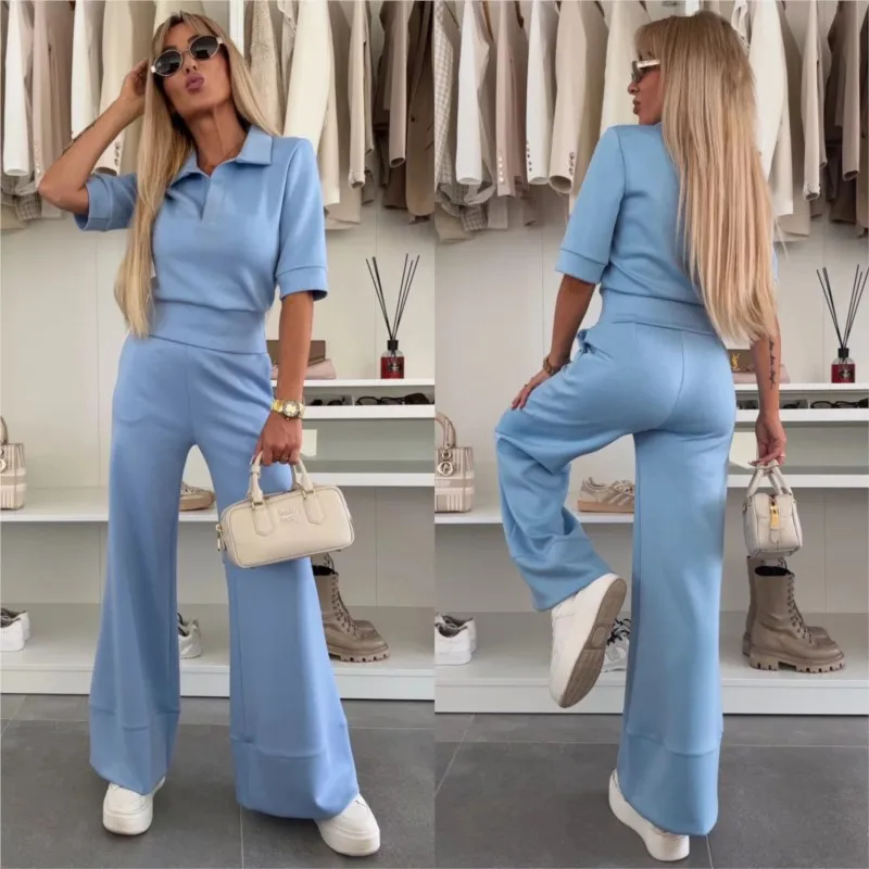 

2025 Autumn Casual New Women's Casual Home Set Solid Color Short Sleeve Notch Collar Top Elastic Waist Wide Leg Pants Two Piece