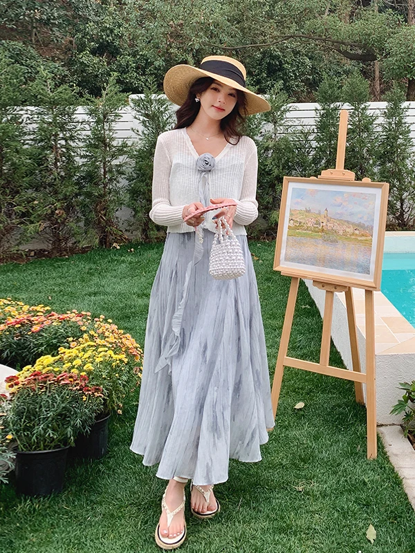 

Spring Autumn Women's Knitted Long Dr with Lace Hem And 3D Flower Design Two-Piece Set High Waist A-Line Skirt Sle