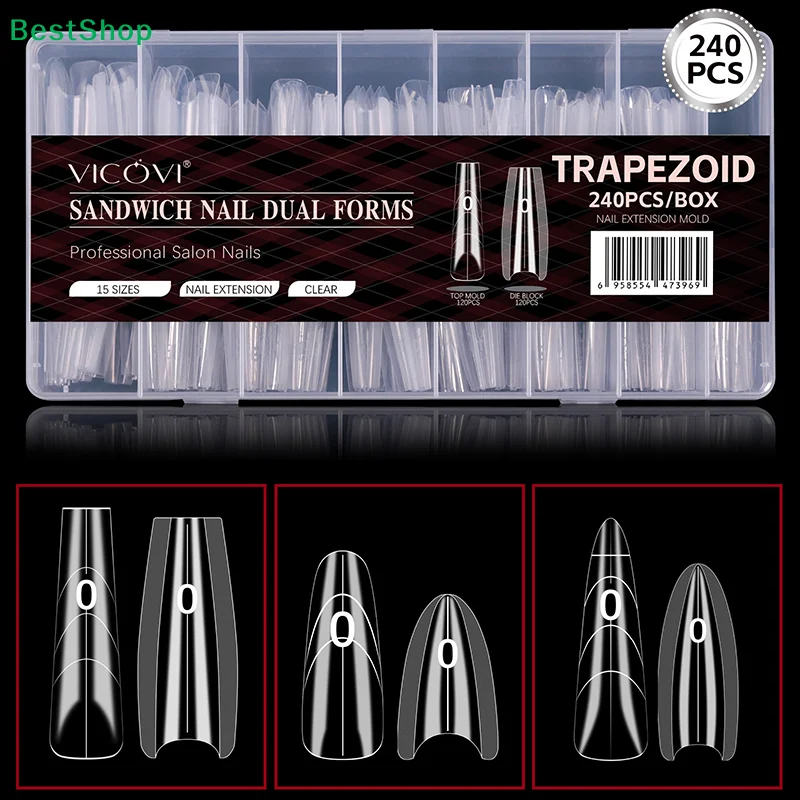 〔R〕240Pcs Trapezoid Nail Dual Forms - Clear Acrylic Nail Extension Molds for Gel Nail Extension & Salon Use