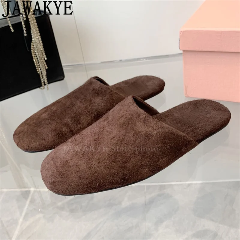 Cow Suede Round Wrap Toe Flat Slippers for Women Luxury Brand Designs Mules Slippers Female Summer Casual Punk Slippers Woman