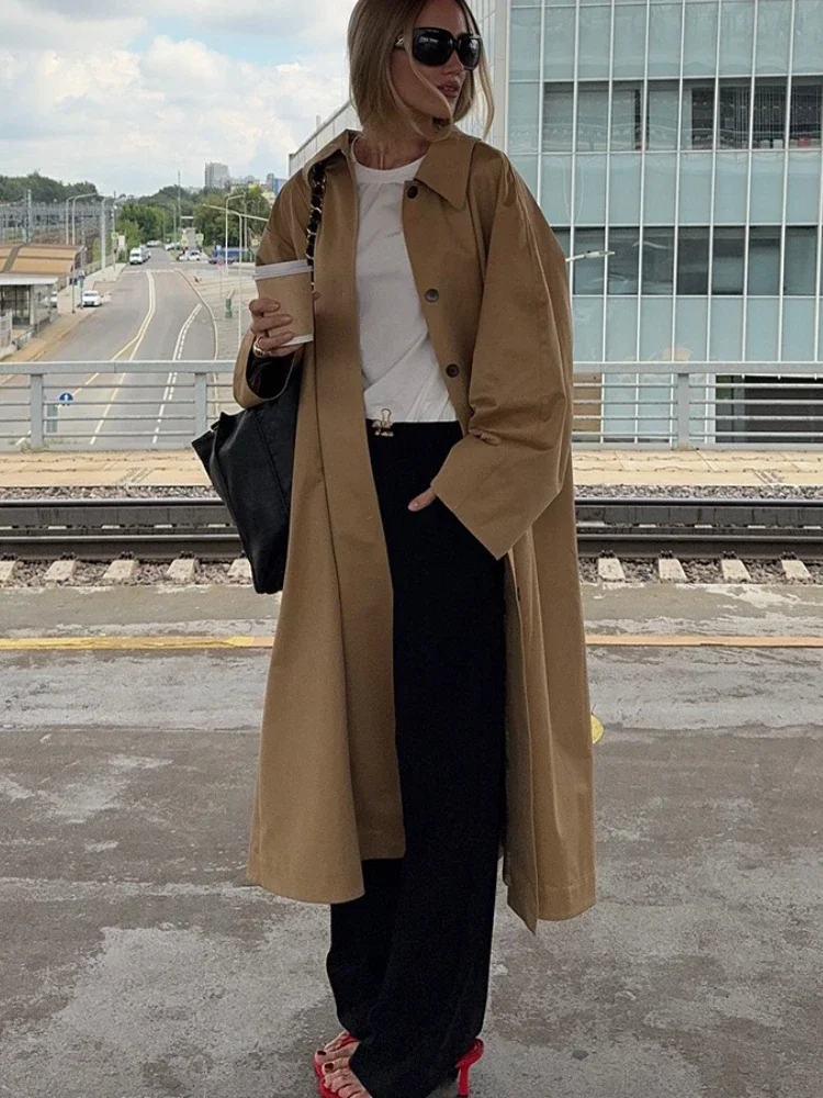 Autumn Casual Lapel Long Trench Coat Women's Loose Long Sleeve Single-Breasted Solid Commute Clothes Women's Trench 2025