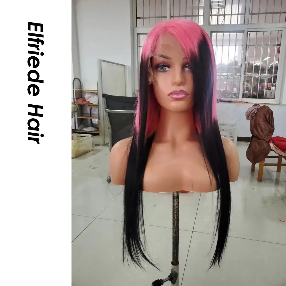 Elfriede Ombre Pink Black Straight Colored Hair Wigs for Women Lace Wig 4x4 13X4 13X6 Lace Frontal Wig 100% Remy Human Hair Wigs