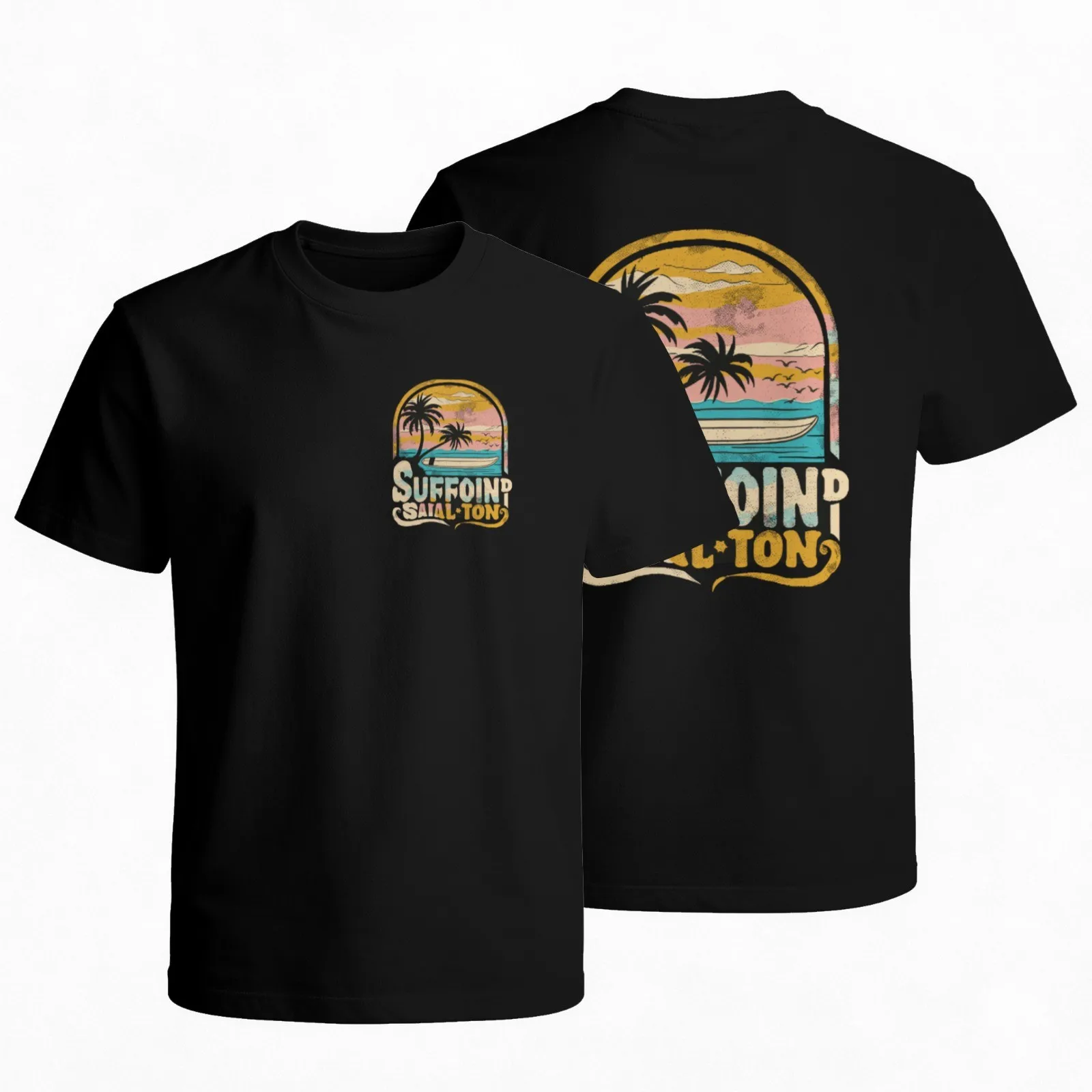 Surfing Beach Sunset Palm Tree Graphic Tee Breathable Cotton Short Sleeve T-Shirt Daily Wear