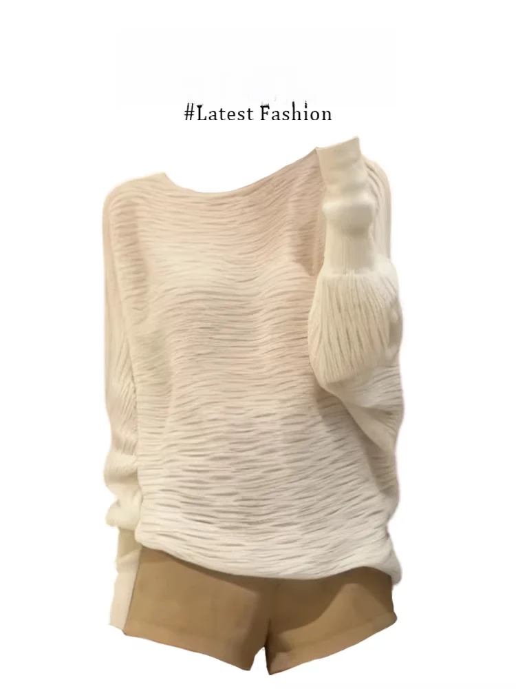 Korean Laid-back Style Long Sleeve Hollow out Shoulder Knitted Sweater Women's Autumn New All-match Slimming Shorts Set
