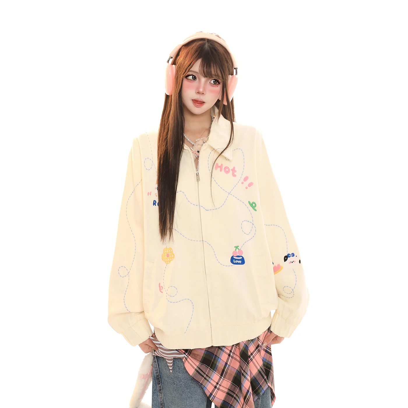

Cute Cartoon Print Turn-down Collar Open Cardigan Women's Spring Korean Sle Lazy Chic Loose Casual Match Zipper Jaet