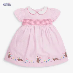 Little maven Elegant Lovely Baby Girls Summer Dress for New Year 2024 Cotton Children Casual Clothes Pink for Kids 2-7 year