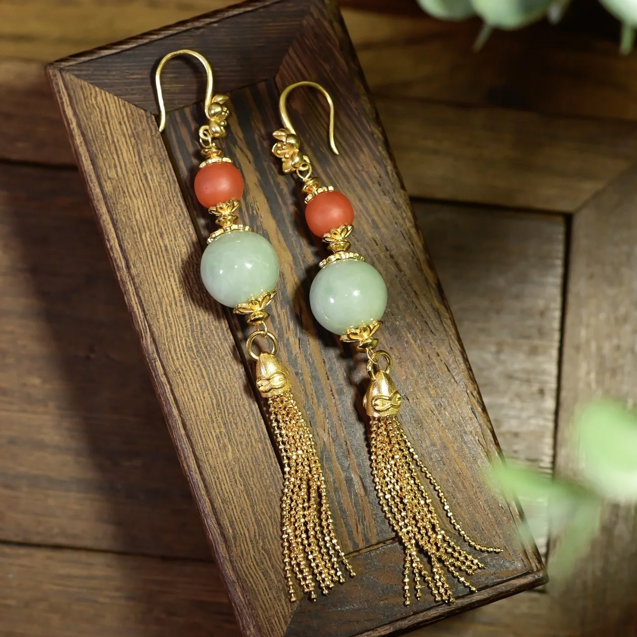 

A-Grade Jade Bead Earrings, Nanhong Agate S925 Gold Plated Fringe Full Silver, Chinese Style Gemstone Jewelry Gift
