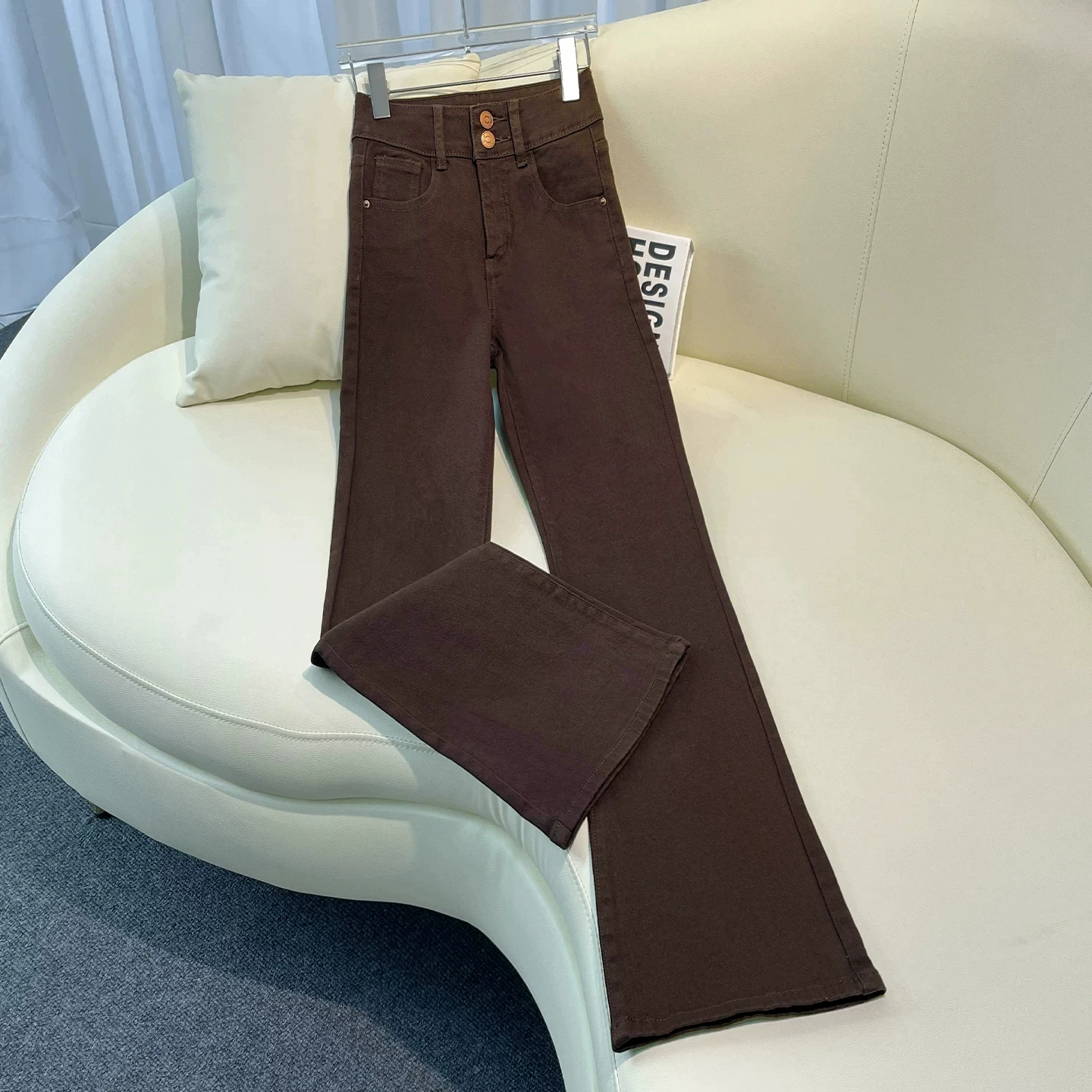 American American Casual Brown Double Buckle Bell Bottom Jeans Women's New Autumn Vintage High Waist Slim Fit Flared Pants - Aliexpress Deal