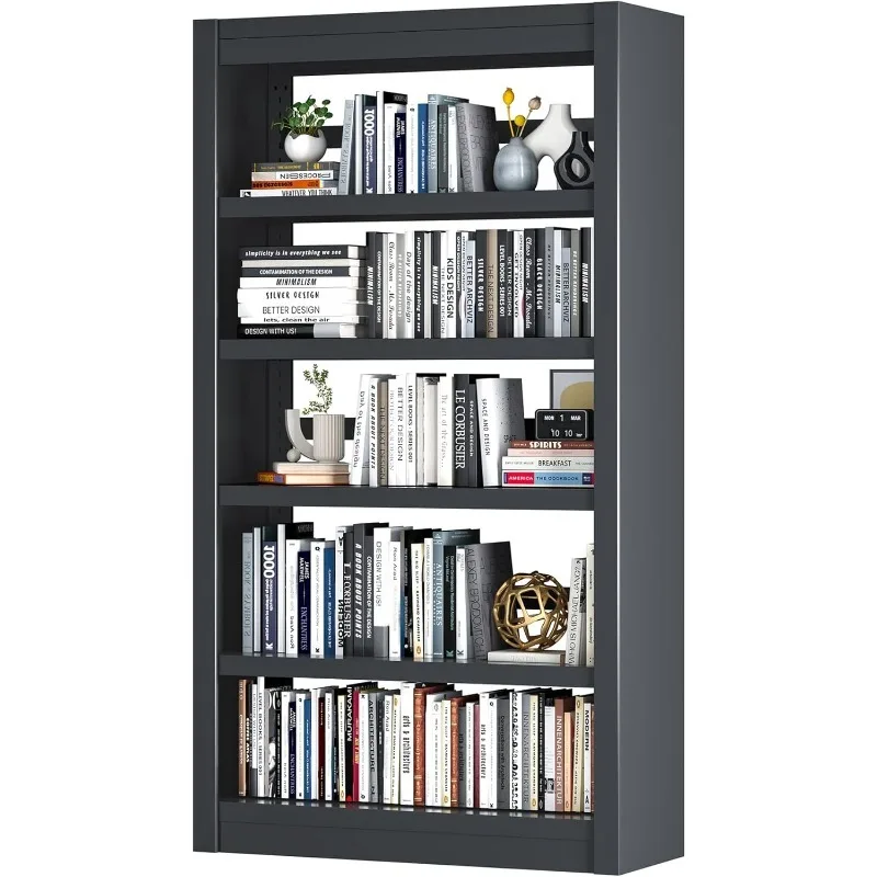 

6-уровневая регулируемая стальная книжная полка, сверхпрочный металлический книжный шкаф высотой 61 дюйм для дома/офиса/гаража, черная полка (черный, высота 61 дюйм)
