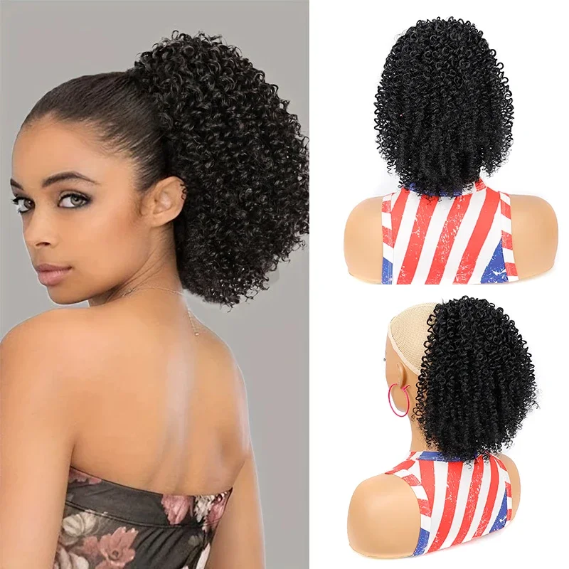 

Short Afro Kinky Curly Drawstring Ponytail Hair Extension Puff Curly Fake Pony Tail Hair Pieces Synthetic Horse Tail for Women