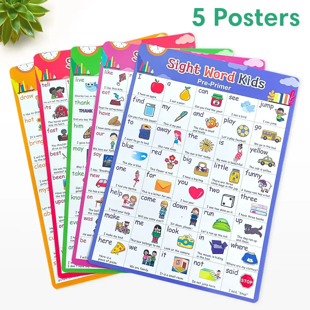 

5Pcs Children Learning 220 Sight Words Posters Early Learning Sentences Chart Educational Montessori Toys for Kids Teaching Aids