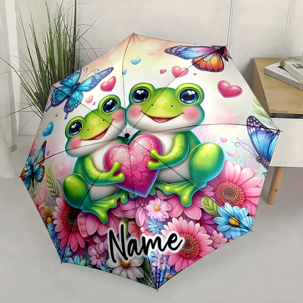 Custom Name Colorful umbrella with frogs flowers and butterflies design 8Iron Ribs Folding Umbrella Auto-Open Fashion Sunshade