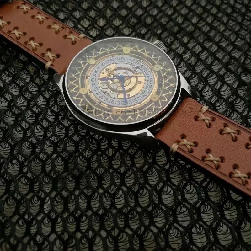 Fully automatic mechanical watch with 24K gold dial and leather strap