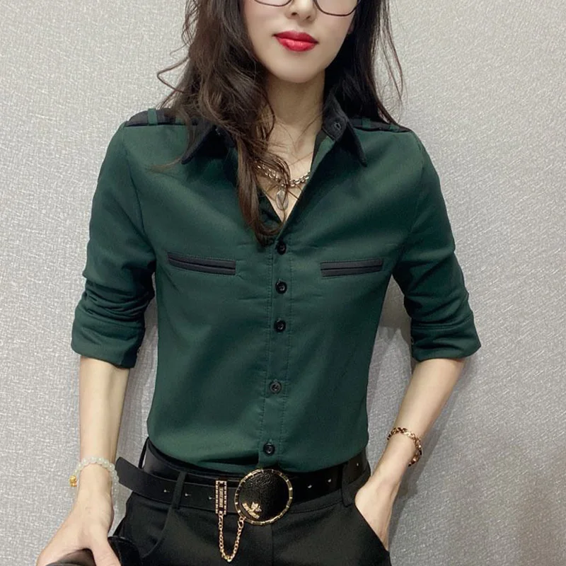 Fashion Lapel Button Spliced Loose Korean Shirt Women Clothing 2023 Spring Summer New Casual Tops All-match Office Lady Blouse