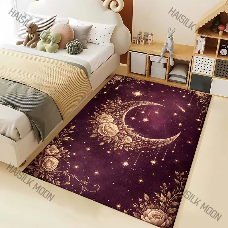 1PC Golden crescent floral starry sky Print Carpet for Living Room Bedroom Sofa Home Decor Rus Non-slip Floor Mat Luxury Gift