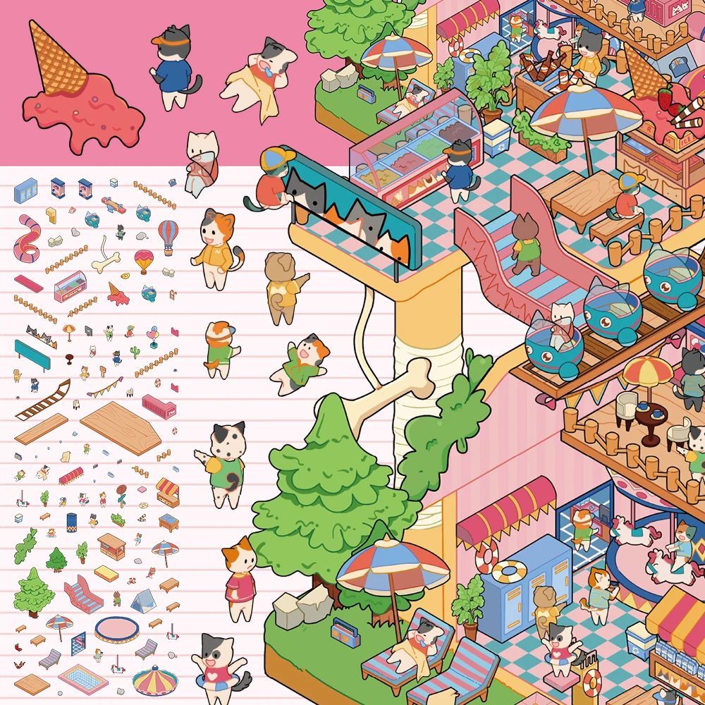 3PCS Creative Mini Shrink World Cat and Dog Park Landscape DIY Niche Decompression PET Transparent Material Stickers