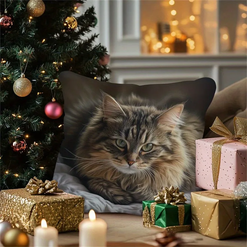 1pc Long-Haired Tabby Cat Lazy Printed Throw Pillow Cover, Suitable for Sofa, Bedroom, Living Room, Healing Gift for Cat Lovers.
